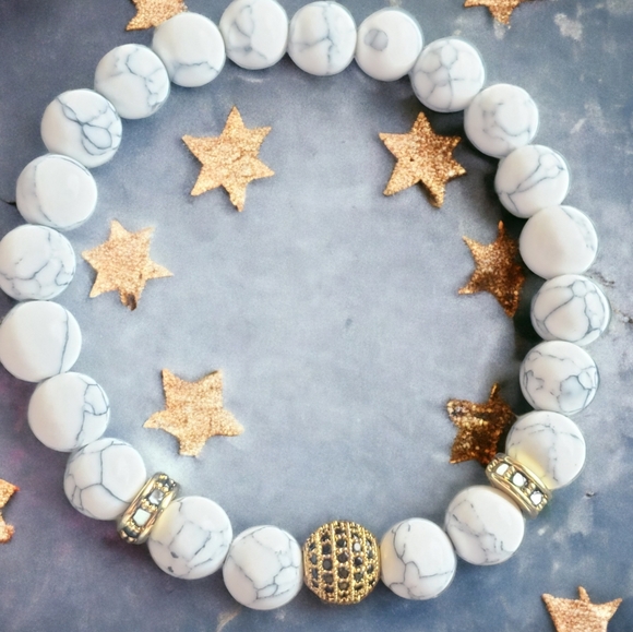 Genuine White Howlite Handcrafted Bracelet with Gold Accent Beads - Picture 3 of 5